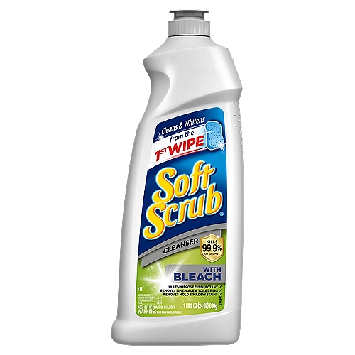 Soft Scrub Cleanser with Bleach, 24 oz
Kills 99.9% of Germs*

Soft Scrub® Cleanser with Bleach is a mild abrasive cleanser for sinks, tubs, showers, glazed tile, counters, and toilets. The thick formula sticks to stains and cleans and kills 99.9% of germs* found on surfaces like stainless steel, sealed granite, sealed fiberglass, plastic laminate and glass-top stoves. Soft Scrub® Cleanser with Bleach removes soap scum, limescale, calcium, toilet rings, dirt and grime.
*Salmonella enterica and Staphylococcus aureus and trichophyton mentagrophytes in 3 minutes at full strength.