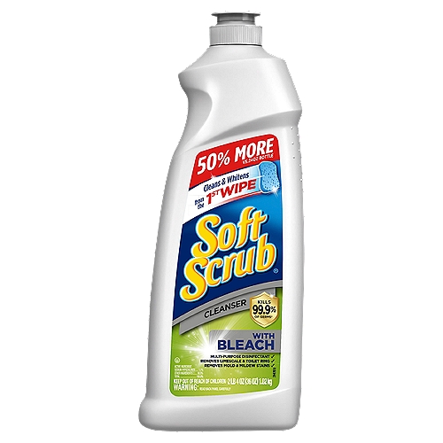 Soft Scrub Cleanser with Bleach, 2 lb 4 oz
Kills 99.9% of germs*
Soft Scrub® Cleanser with Bleach is a mild abrasive cleanser for sinks, tubs, showers, glazed tile, counters, and toilets. The thick formula sticks to stains and cleans and kills 99.9% of germs* found on surfaces like stainless steel, sealed granite, sealed fiberglass, plastic laminate and glass-top stoves. Soft Scrub® Cleanser with Bleach removes soap scum, limescale, calcium, toilet rings, dirt and grime.
*Salmonella enterica and Staphylococcus aureus in 3 minutes at full strength.