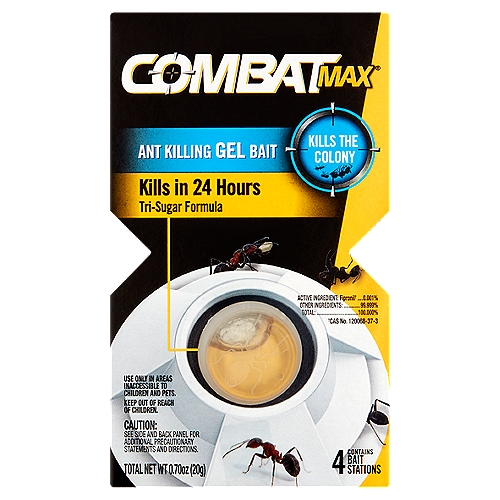 Combat Max Ant Killing Gel Bait, 4 count, 0.70 oz
How Combat Max® Ant Killing Gel Bait Works:
1. Ants enter the bait station and eat the bait.
2. Ants take the bait back to the nest.
3. Ants pass the bait on to the queen and kill the entire colony.