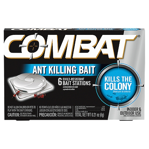 Combat Ant Killing Bait, 6 count, 0.21 oz
This product kills the following ants which feed on sweet and greasy materials. Fire Ants, Argentine, Black, Carpenter, Cornfield, Little Black, Odorous House, and Pavement Ants.
