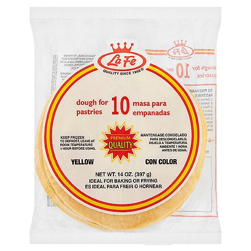 La Fe Yellow Dough for Pastries, 10 count, 14 oz
This dough is ideal to prepare your favorite pastries with meat filling. The following can also be used as substitutes: Cheese, chicken, ham, etc.