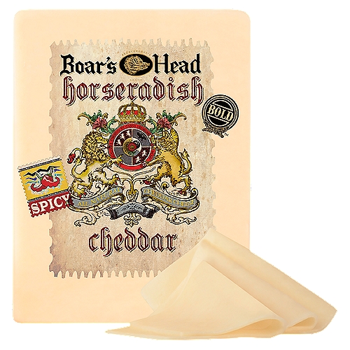 Taking inspiration from two favorites of traditional English fare, Boar's Head Bold® Horseradish Cheddar Cheese is a culinary trip to the village pub. A delightful pairing of creamy, full-bodied cheddar cheese and piquant horseradish flavor, this cheese is an Old World delight.