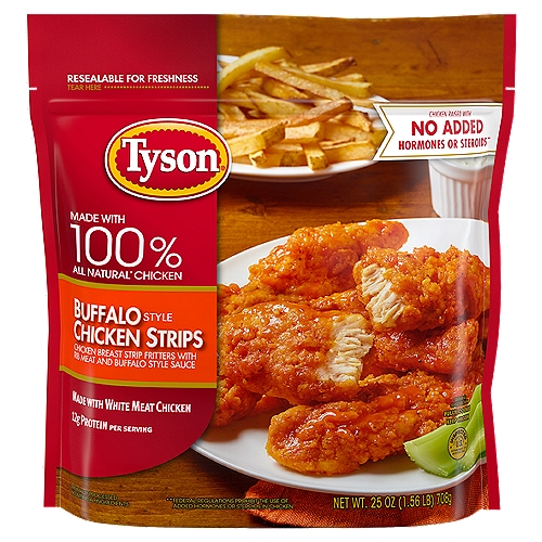 Tyson Buffalo Style Chicken Strips, 25 oz
Make every meal a taste sensation with Tyson Frozen Buffalo Style Chicken Strips, now with new bolder flavor. A tangy kick for your taste buds, these spicy breaded chicken breast strip fritters are ready to be dipped, dunked or chopped to satisfy all your snacking needs. Made with white meat chicken coated in buffalo style sauce, these boneless chicken strips are a breeze to prepare from frozen in the oven or microwave. These tender, fully cooked strips are made with chicken raised with no antibiotics ever, no added hormones or steroids*, and provide 12 grams of protein per serving. Heat frozen chicken strips and serve with your favorite dipping sauce for a crowd pleasing entree. Includes one 25 oz resealable package of chicken strips. Keep it real. Keep it Tyson. *Federal regulations prohibit the use of added hormones or steroids in chicken