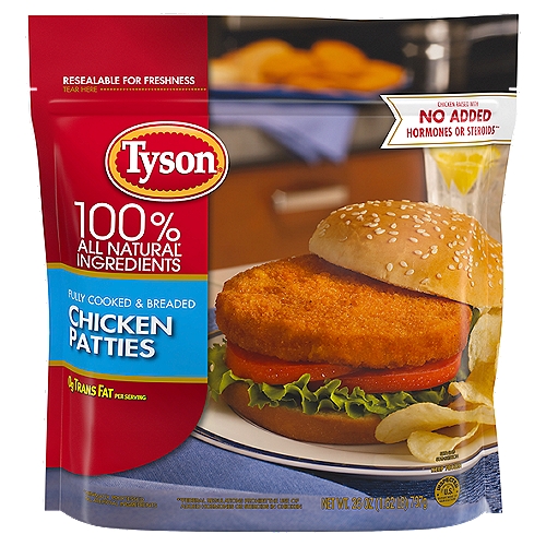 Tyson Fully Cooked Frozen Chicken Patties
Made with chicken raised with no antibiotics ever, Tyson Fully Cooked Chicken Patties are a delicious addition to any meal. Our chicken patties are made with 100% all-natural* white meat chicken with no preservatives, then breaded and seasoned to perfection. With 0 grams of trans fat per serving, these chicken patties are perfectly sandwich sized for a quick lunch or dinner. Fully cooked and ready-to-eat, simply prepare in an oven or microwave. Includes one 26 oz. package. Everything seems to turn out a whole lot better when you just keep it simple. No nonsense. Just stick to the good stuff. The 100% real stuff that makes life, and chicken, great. With farm raised chicken of the highest quality, with no antibiotics ever, no added hormones or steroids**, we keep it real in everything we do. Keep it real. Keep it Tyson. *Minimally processed, no artificial ingredients. **Federal regulations prohibit the use of added hormones or steroids in chicken.