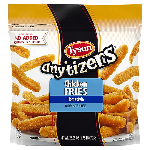Tyson Any'tizers Homestyle Chicken Fries, 28.05 oz
Take snack time to the next level with Tyson Any'tizers Homestyle Chicken Fries. Made with chicken raised with no antibiotics ever and seasoned with savory spices, these breaded chicken fries are an ideal shape for dunking into your favorite sauce. Ready to heat and eat Homestyle Chicken Fries are made with chicken raised with no antibiotics for delicious party snacks and appetizers that please the whole crowd.