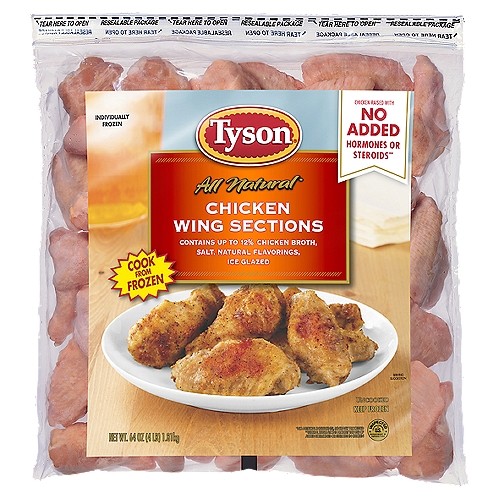 Tyson All Natural Uncooked Chicken Wing Sections, 64 oz
There's nothing like cooking from scratch, especially when you start with Tyson Individually Frozen Chicken Wing Sections. Raised with no antibiotics ever, our all-natural* chicken is juicy and tender with 19 grams of protein and 0 grams of trans fat per serving. Perfect for grilling and frying, simply cook and serve our chicken wing sections with Buffalo sauce for a quick and delicious weeknight dinner. Includes one 4 lb. package of individually frozen chicken. Everything seems to turn out a whole lot better when you just keep it simple. No nonsense. Just stick to the good stuff. The 100% real stuff that makes life, and chicken, great. With farm raised chicken of the highest quality, with no antibiotics ever, we keep it real in everything we do. Keep it real. Keep it Tyson. *Minimally processed, no artificial ingredients.