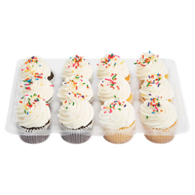 12 Pack Yellow & Chocolate Cupcakes With Vanilla Icing, 20 Ounce