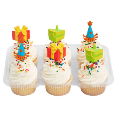 6 Pack Yellow Cupcake W/ Vanilla Icing & Picks