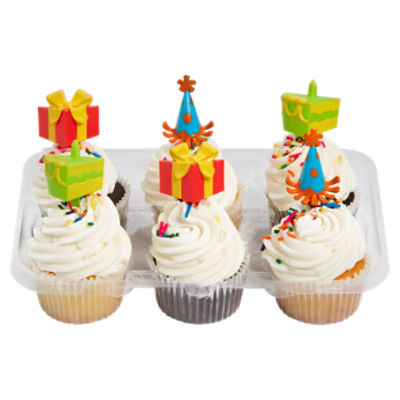 6 Pack Yellow & Chocolate Cupcakes W/Vanilla Icing & Picks
