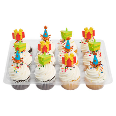 12 Pack Yellow & Chocolate Cupcakes With Vanilla Icing & Picks