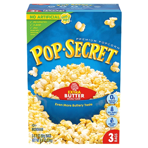 Pop Secret Extra Butter Microwave Premium Popcorn, 3.2 oz, 3 count
Pop Secret Extra Butter Flavor popcorn is the next level in buttery flavor, and our most buttery-tasting popcorn yet. What's our secret for the best popcorn? Kernels popped up light and fluffy with delicious buttery flavor and an aroma that brings the gang together. Ready in minutes, our microwaveable popcorn bags make it easy to pop up a delicious hot popcorn treat. And with more than 3 servings in each of our popcorn bags, Pop Secret Extra Butter flavored microwave popcorn is perfect for sharing. So, pop up some delicious buttery-flavored fun for movie nights, game night, or any time you're together with family or friends! Made with non-GMO kernels, and no artificial preservatives or flavors, everyone can feel good about popping a handful of snack-time fun! Since 1985, Pop Secret has been serving up warm, craveable popcorn snacks that bring everyone together. It's the secret that's too good to keep to yourself!