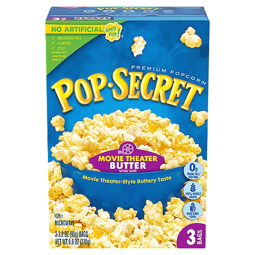 Pop Secret Movie Theater Butter Microwave Premium Popcorn, 3.2 oz , 3 count
Pop Secret Movie Theater Butter Flavor is your secret to movie night! With a classically rich buttery flavor and airy crunch, this craveable popcorn makes home movie night feel like you're at the theater, with that familiar aroma and rich flavor. Our microwaveable popcorn is ready in minutes, so it's easy to serve up hot popcorn to family and friends. And with more than 3 servings, these popcorn bags are perfect for sharing, or pouring straight into a bowl. Made with non-GMO kernels, and no artificial preservatives or flavors, everyone can feel good about popping a handful of snack-time fun! Keep this handy 3-count box of Pop Secret Movie Theater Butter Flavor microwave popcorn bags in your pantry for whenever you need an easy snack for movie night, game time, or any time at all! Since 1985, Pop Secret has been serving up warm, buttery-tasting, craveable popcorn snacks that bring everyone together. It's the secret that's too good to keep to yourself!