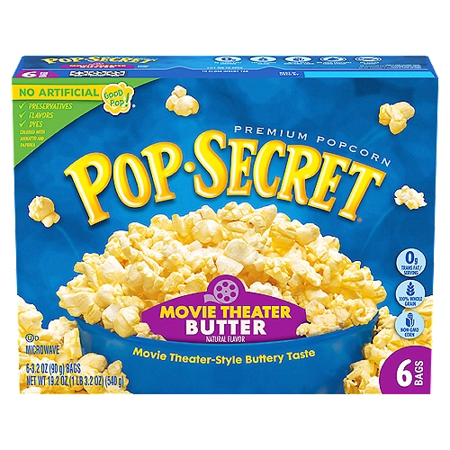 Pop Secret Movie Theater Butter Microwave Premium Popcorn, 3.2 oz, 6 count
Pop Secret Movie Theater Butter Flavor is your secret to movie night! With a classically rich buttery flavor and airy crunch, this craveable popcorn makes home movie night feel like you're at the theater, with that familiar aroma and rich flavor. Our microwaveable popcorn is ready in minutes, so it's easy to serve up hot popcorn to family and friends. And with more than 3 servings, these popcorn bags are perfect for sharing, or pouring straight into a bowl. Made with non-GMO kernels, and no artificial preservatives or flavors, everyone can feel good about popping a handful of snack-time fun! Keep this handy 6-count box of Pop Secret Movie Theater Butter Flavor microwave popcorn bags in your pantry for whenever you need an easy snack for movie night, game time, or any time at all! Since 1985, Pop Secret has been serving up warm, buttery-tasting, craveable popcorn snacks that bring everyone together. It's the secret that's too good to keep to yourself!