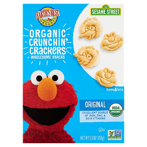 Earth's Best Organic Crunchi̇n' Crackers Original Wholesome Snacks, 5.3 oz
Earth's Best® Organic Crunchin' Crackers® make snacking easy and fun. With Sesame Street friends and a delicious taste, your child will love every nutritious bite.
Made with organic wheat flour and an excellent source of iron, zinc and six B vitamins, you can start building good habits for life with your toddler. Snack time makes great together time!