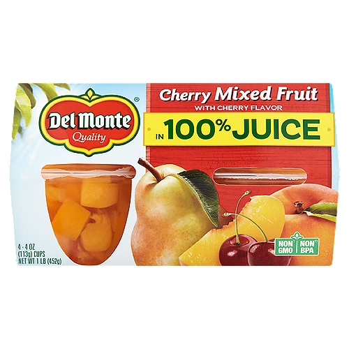 Del Monte Cherry Mixed Fruit with Cherry Flavor in 100% Juice, 4 oz, 4 count
Non GMO†
† Ingredients of the types used in this product are not genetically modified

Non BPA††
†† Packaging produced without the intentional addition of BPA

Serving Up Our Garden's Best
Sun-Sweetened Goodness
Succulent peaches, juicy pears, and luscious cherries are grown in the best soils and blended together in this delicious fruit medley.
Tasty Nutrition in Every Bite
Packed to capture the flavor and nutrients your family craves.
Delicious to Go
With breakfast, on-the-go or as a lunchbox favorite—a great way to add a serving of fruit to your day.

One Serving of fruit**
**Each container has 1 serving (1/2 cup) fruit per USDA Nutrient Data