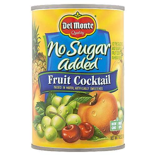 Del Monte No Sugar Added Fruit Cocktail, 14.5 oz
No sugar added**
**Not a Low Calorie Food

Non GMO†
† Packaging produced without the intentional addition of BPA

Non BPA††
†† Packaging produced without the intentional addition of BPA

Fruit Cocktail No Sugar Added 40 calories, 8g sugar; Fruit Cocktail in Heavy Syrup 100 calories, 21g sugar

Now you can enjoy the same delicious, high quality, great tasting fruit you've come to trust from Del Monte® with no added sugar. With Del Monte No Sugar Added, controlling your sugar intake doesn't mean sacrificing taste!
