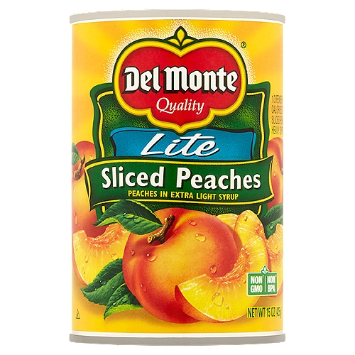 Del Monte Lite Sliced Peaches, 15 oz
Peaches in Extra Light Syrup

Non GMO†
† Ingredients of the types used in this product are not genetically modified

Non BPA††
†† Packaging produced without the intentional addition of BPA

Lite Sliced Peaches 60 calories per serving; Sliced Peaches in Heavy Syrup 100 calories per serving

Eating Well Couldn't Be Easier!®