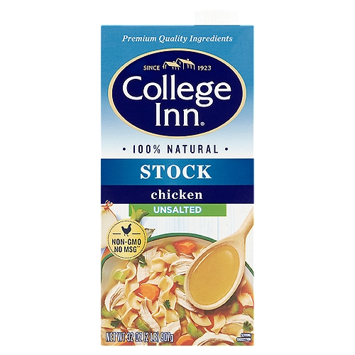 College Inn 100% Natural Unsalted Chicken Stock, 32 oz
No MSG**
**A Small Amount of Glutamate Occurs Naturally in Yeast Extract

The rich flavor in our College Inn® Stock comes from taking our best 100% natural chicken, onions, carrots and seasonings, then Slow Simmering them to perfection.
Let this unsalted version of our premium quality stock inspire all your home-cooked meals from soup to braises, gravy to grains.

Craft Richer Recipes with Stocks!
• Enrich gravy and pan sauces
• Boost soups, stews and chili
• Baste chicken & turkey
• Braise vegetables, chicken or pork
• Enhance slow cooker and pressure cooker meals
• Simmer rice and grains