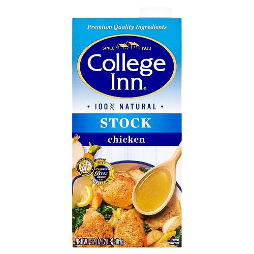 College Inn 100% Natural Chicken Stock, 32 oz
American Culinary Chefsbest
2019 Excellence Chefs Best Award

The Rich flavor in our College Inn® Stock comes from taking our best 100% natural chicken, onions, carrots and seasonings, then Slow Simmering them to perfection.
Let our award winning premium stock inspire all your home-cooked meals from soup to braises, gravy to grains.

Craft Richer Recipes with Stock!
• Enrich gravy and pan sauces
• Boost soups, stews and chili
• Baste chicken & turkey
• Braise vegetables, chicken or pork
• Enhance slow cooker and pressure cooker meals
• Simmer rice and grains

No MSG**
**A Small Amount of Glutamate Occurs Naturally in Yeast Extract