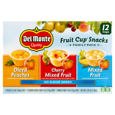 Del Monte Diced Peaches, Cherry and Mixed Fruit Cup Snacks Family Pack, 12 count, 2.94 lb
