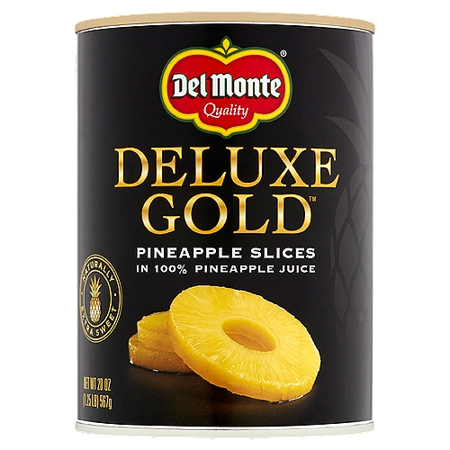 Del Monte Deluxe Gold Pineapple Slices in 100% Pineapple Juice, 20 oz
Golden Goodness
Del Monte Deluxe Gold™ pineapple is our highest quality variety of pineapple. When you want the taste of fresh pineapple, you can feel great about serving Del Monte Deluxe Gold™ pineapple!

A Healthy Treat
Del Monte Deluxe Gold™ pineapple has been perfected for years to be extra sweet and bursting with delicious flavor. With no added sugar** and naturally twice the vitamin C†, it is perfect right out of the can, or for use in recipes.
†Deluxe Gold Pineapple Slices in 100% Juice contains 61mg vitamin C per serving compared to 12mg vitamin C in regular canned pineapple slices in juice.

Guaranteed
Non GMO‡
Non BPA§
No Preservatives
No Added Sugar**
‡Ingredients of the types used in this product are not genetically modified.
§Packaging produced without the intentional addition of BPA.
**Not a Low Calorie Food
