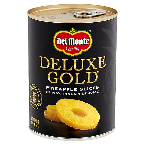 Del Monte Deluxe Gold Pineapple Slices in 100% Pineapple Juice, 20 oz
Golden Goodness
Del Monte Deluxe Gold™ pineapple is our highest quality variety of pineapple. When you want the taste of fresh pineapple, you can feel great about serving Del Monte Deluxe Gold™ pineapple!

A Healthy Treat
Del Monte Deluxe Gold™ pineapple has been perfected for years to be extra sweet and bursting with delicious flavor. With no added sugar** and naturally twice the vitamin C†, it is perfect right out of the can, or for use in recipes.
†Deluxe Gold Pineapple Slices in 100% Juice contains 61mg vitamin C per serving compared to 12mg vitamin C in regular canned pineapple slices in juice.

Guaranteed
Non GMO‡
Non BPA§
No Preservatives
No Added Sugar**
‡Ingredients of the types used in this product are not genetically modified.
§Packaging produced without the intentional addition of BPA.
**Not a Low Calorie Food