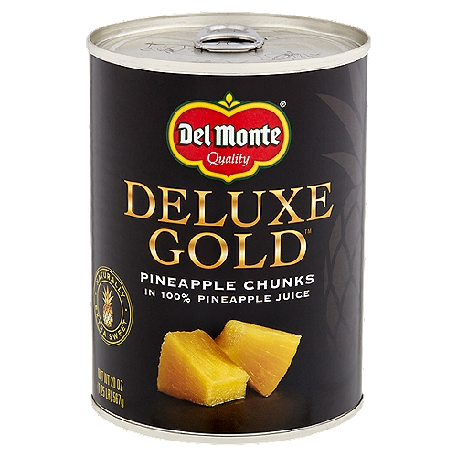 Del Monte Deluxe Gold Pineapple Chunks in 100% Pineapple Juice, 20 oz
Golden Goodness
Del Monte Deluxe Gold™ pineapple is our highest quality variety of pineapple. When you want the taste of fresh pineapple, you can feel great about serving Del Monte Deluxe Gold™ pineapple!

A Healthy Treat
Del Monte Deluxe Gold™ pineapple has been perfected for years to be extra sweet and bursting with delicious flavor. With no added sugar** and naturally twice the vitamin C†, it is perfect right out of the can, or for use in recipes.
†Deluxe Gold Pineapple Chunks in 100% Juice contains 61mg vitamin C per serving compared to 12mg vitamin C in regular canned pineapple chunks in juice.

Guaranteed
Non GMO‡
Non BPA§
No Preservatives
No Added Sugar**
‡Ingredients of the types used in this product are not genetically modified.
§Packaging produced without the intentional addition of BPA.
**Not a Low Calorie Food
