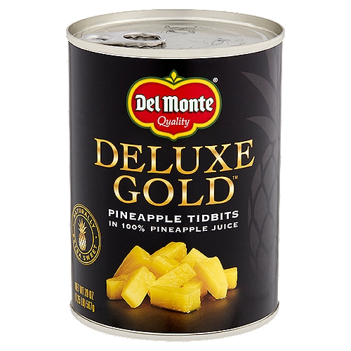 Del Monte Deluxe Gold Pineapple Tidbits in 100% Pineapple Juice, 20 oz
Golden Goodness
Del Monte Deluxe Gold™ pineapple is our highest quality variety of pineapple. When you want the taste of fresh pineapple, you can feel great about serving Del Monte Deluxe Gold™ pineapple!

A Healthy Treat
Del Monte Deluxe Gold™ pineapple has been perfected for years to be extra sweet and bursting with delicious flavor. With no added sugar** and naturally twice the vitamin C†, it is perfect right out of the can, or for use in recipes.
†Deluxe Gold Pineapple Tidbits in 100% Juice contains 61mg vitamin C per serving compared to 12mg vitamin C in regular canned pineapple tidbits in juice.

Guaranteed
Non GMO‡
Non BPA§
No Preservatives
No Added Sugar**
‡Ingredients of the types used in this product are not genetically modified.
§Packaging produced without the intentional addition of BPA.
**Not a Low Calorie Food