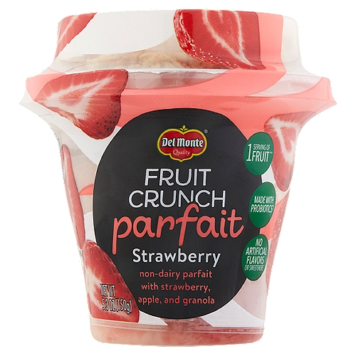 Del Monte Strawberry Fruit Crunch Parfait, 5.3 oz
Non-Dairy Parfait with Strawberry, Apple, and Granola

1 Serving of Fruit**
**Each container has 1 serving (1/2 cup) fruit per USDA Nutrient Data.

Made with Probiotics†
† Contains 1 billion CFU (colony forming units) of probiotics per serving.