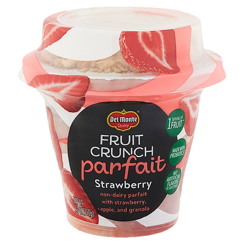 Del Monte Strawberry Fruit Crunch Parfait, 5.3 oz
Non-Dairy Parfait with Strawberry, Apple, and Granola

1 Serving of Fruit**
**Each container has 1 serving (1/2 cup) fruit per USDA Nutrient Data.

Made with Probiotics†
† Contains 1 billion CFU (colony forming units) of probiotics per serving.
