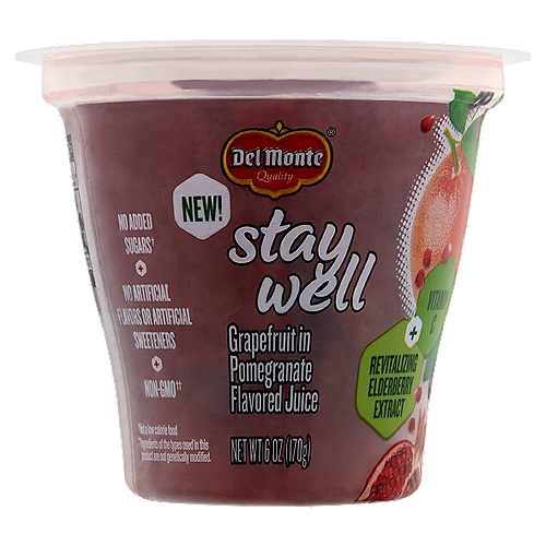 Del Monte Stay Well Grapefruit in Pomegranate Flavored Juice, 6 oz
No Added Sugars†
†Not a low calorie food

Non-GMO††
††Ingredients of the types used in this product are not genetically modified.