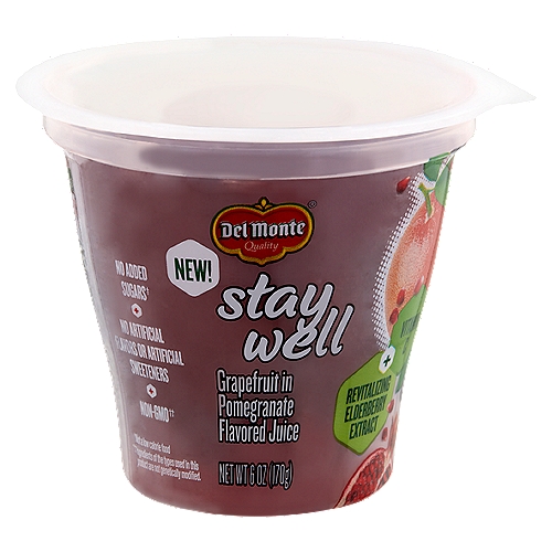 Del Monte Stay Well Grapefruit in Pomegranate Flavored Juice, 6 oz
No Added Sugars†
†Not a low calorie food

Non-GMO††
††Ingredients of the types used in this product are not genetically modified.