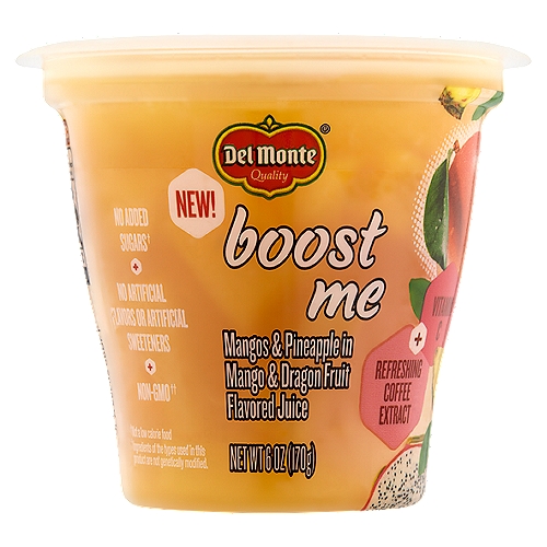 Del Monte Boost Me Mangos & Pineapple in Mango & Dragon Fruit Flavored Juice, 6 oz
No Added Sugars†
†Not a low calorie food

Non-GMO††
††Ingredients of the types used in this product are not genetically modified.