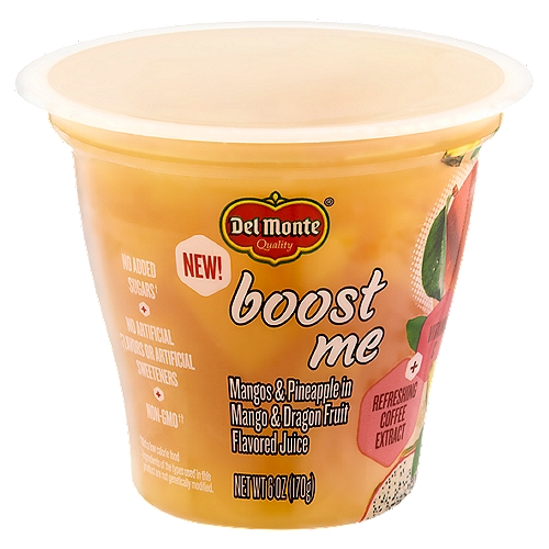 Del Monte Boost Me Mangos & Pineapple in Mango & Dragon Fruit Flavored Juice, 6 oz
No Added Sugars†
†Not a low calorie food

Non-GMO††
††Ingredients of the types used in this product are not genetically modified.