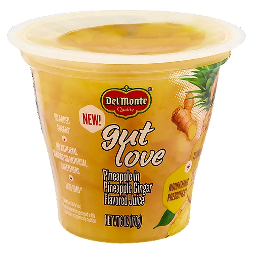 Del Monte Gut Love Pineapple in Pineapple Ginger Flavored Juice, 6 oz
Turmeric + Nourishing Prebiotics§
§Good Source of Fiber with Prebiotics

No Added Sugars†
†Not a low calorie food

Non-GMO††
††Ingredients of the types used in this product are not genetically modified.