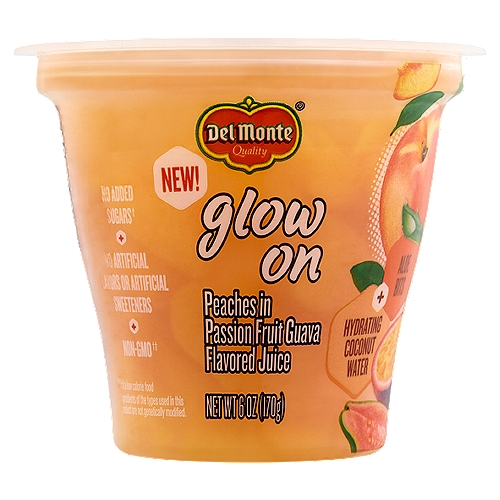 Del Monte Glow On Peaches in Passion Fruit Guava Flavored Juice, 6 oz
No Added Sugars†
†Not a low calorie food

Non-GMO††
††Ingredients of the types used in this product are not genetically modified.