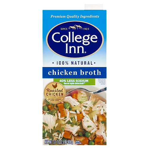 College Inn 40% Less Sodium Chicken Broth, 32 oz
40% Less Sodium than our regular chicken broth**
**Contains 510mg Sodium per Serving Compared with 850mg per Serving in Our Regular Chicken Broth.

No MSG Added†
†A Small Amount of Glutamate Occurs Naturally in Yeast Extract

Serving Up great flavor®
Nothing brings people together like the Delicious Comfort of a home-cooked meal. Our 100% natural, Non-GMO broths are made from Premium Quality chicken and bones, Farm-Grown vegetables, and our unique blend of seasonings. Our rich, savory broth will transform ordinary meals into Something Special.

Broth makes it better!
• Simmer rice & grains
• Sauté vegetables
• Braise chicken & chops
• Poach fish & eggs
• Reheat leftovers
• Boil pasta
• Mash potatoes
• Marinate chicken

100% Fat Free‡
‡See Nutrition Information for Sodium Content