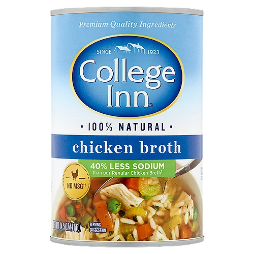 College Inn 100% Natural Chicken Broth, 14.5 oz
40% Less Sodium than our Regular Chicken Broth†
†Contains 880mg sodium per serving compared with 1460mg in our Regular Chicken Broth

No MSG Added††
††A Small Amount of Glutamate Occurs Naturally in Yeast Extract

100% Fat Free‡
‡See Nutrition Information for Sodium Content