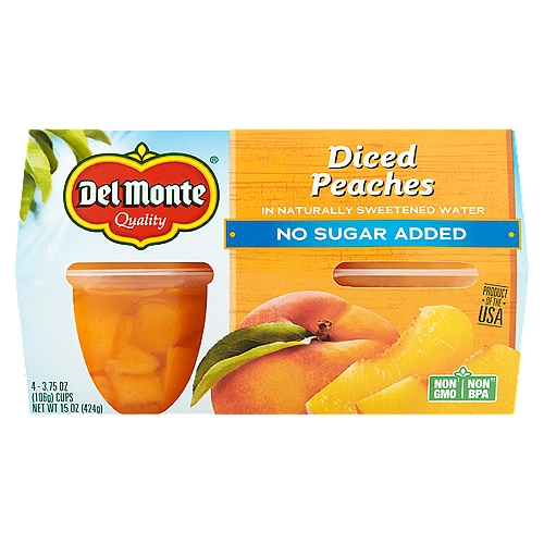 Del Monte No Sugar Added Diced Peaches in Naturally Sweetened Water, 3.75 oz, 4 count
Non GMO†
† Ingredients of the types used in this product are not genetically modified

Non BPA††
†† Packaging produced without the intentional addition of BPA

Serving Up Our Garden's Best
Sun-Sweetened Goodness
Our juicy peaches are grown in the best orchards, producing fruit that is sweet and succulent.
Tasty Nutrition - with No Added Sugar
Packed to capture the flavor and nutrients your family craves. Simply delicious, with no added sugar.
Delicious to Go
With breakfast, on-the-go or as a lunchbox favorite—a great way to add nutritious fruit to your day.