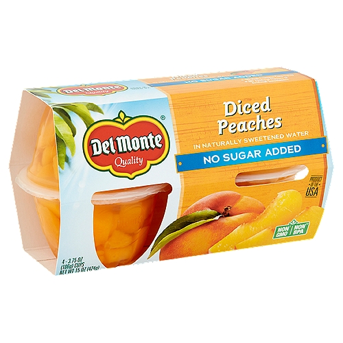 Del Monte No Sugar Added Diced Peaches in Naturally Sweetened Water, 3.75 oz, 4 count
Non GMO†
† Ingredients of the types used in this product are not genetically modified

Non BPA††
†† Packaging produced without the intentional addition of BPA

Serving Up Our Garden's Best
Sun-Sweetened Goodness
Our juicy peaches are grown in the best orchards, producing fruit that is sweet and succulent.

Tasty Nutrition - with No Added Sugar
Packed to capture the flavor and nutrients your family craves. Simply delicious, with no added sugar.

Delicious to Go
With breakfast, on-the-go or as a lunchbox favorite-a great way to add nutritious fruit to your day.
