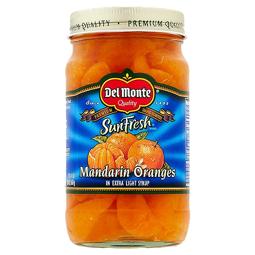 Del Monte SunFresh Mandarin Oranges in Extra Light Syrup, 1 lb 4 oz
Delicious, hand-selected premium fruit that is peeled, sectioned & ready to eat. Enjoy all year round!

Juicy, sun-ripened mandarin oranges picked at the peak of perfection. Good source of antioxidants, vitamin A and C.