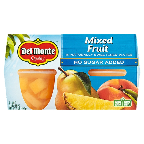 Del Monte No Sugar Added Mixed Fruit in Naturally Sweetened Water, 4 oz, 4 count
Non GMO†
† Ingredients of the types used in this product are not genetically modified

Non BPA††
†† Packaging produced without the intentional addition of BPA

Serving Up Our Garden's Best
Sun-Sweetened Goodness
Sweet peaches, juicy pears and succulent pineapple are grown in the best soils and blended together in this delicious fruit medley.

Tasty Nutrition—with No Added Sugar
Packed to capture the delicious flavor and nutrients your family craves. Simply delicious, with no added sugar.

Delicious to Go
With breakfast, on-the-go, or as a lunchbox favorite—a great way to add nutritious fruit to your day.