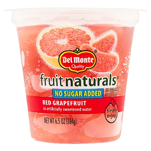 Del Monte Fruit Naturals Red Grapefruit in Artificially Sweetened Water, 6.5 oz
30% fewer calories
60% less sugar*
*Red Grapefruit NSA, 60 calories & 7g sugar per serving; Red Grapefruit in Extra Light Syrup, 90 calories & 18g sugar per serving.