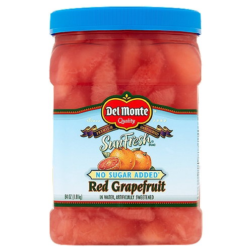 Del Monte SunFresh Red Grapefruit in Water, 64 oz
Now you can enjoy delicious, hand-selected premium Del Monte® SunFresh® Red Grapefruit with no added sugar!
• Excellent source of vitamins A & C
• 50% less sugar and 30% fewer calories than Red Grapefruit in Extra Light Syrup**
** Contains 40 calories and 5g sugar per serving compared with 60 calories and 12g sugar in our Red Grapefruit in Extra Light Syrup