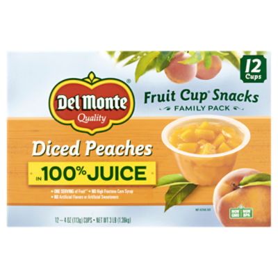 Del Monte Diced Peaches Fruit Cup Snacks Family Pack, 4 oz, 12 count