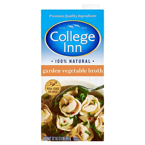 College Inn 100% Natural Garden Vegetable Broth, 32 oz
No MSG†
†A Small Amount of Glutamate Occurs Naturally in Yeast Extract

Serving Up Great Flavor
Nothing brings people together like the Delicious Comfort of a home-cooked meal. Our 100% natural, Non-GMO broths are made from Premium Quality Farm-Grown vegetables, and our unique blend of seasonings. Our rich, savory broth will transform ordinary meals into Something Special.

Broth makes it better!
• Simmer rice and grains
• Sauté vegetables
• Braise chicken
• Poach fish and eggs
• Reheat leftovers
• Boil pasta
• Mash potatoes
• Blend smoothies

100% Fat Free‡
‡See Nutrition Information for Sodium Content