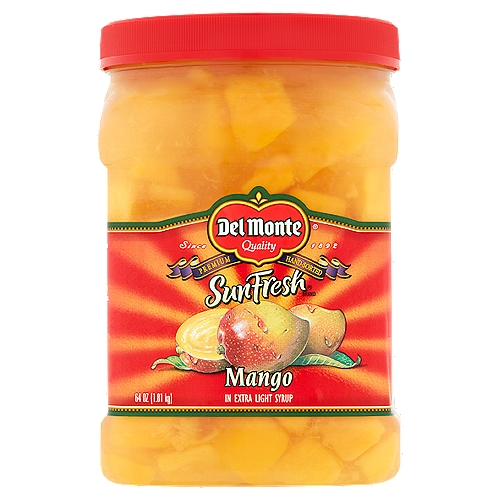Del Monte SunFresh Mango in Extra Light Syrup, 64 oz
Delicious, hand-selected premium fruit that is peeled, cut into bite-size chunks & ready to eat. Enjoy all year round!
Refreshing, sun-ripened mangoes are packed at the peak of perfection.