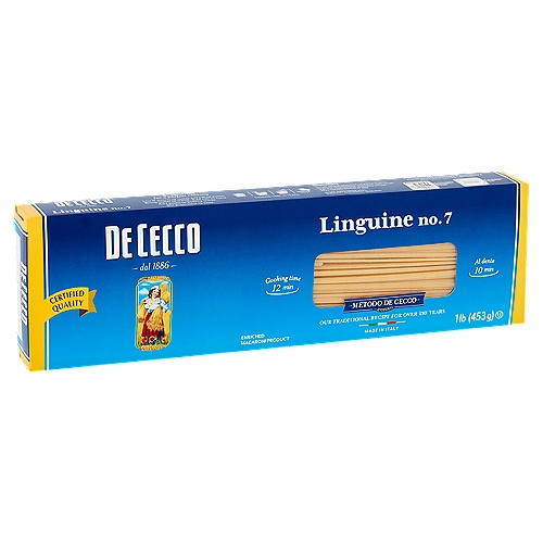 Long flat strands of ribbon-shaped pasta noodles. Best with fresh tomato, seafood and cream based-sauces. Bronze drawn pasta dried at low temperatures. Made in Italy since 1866.