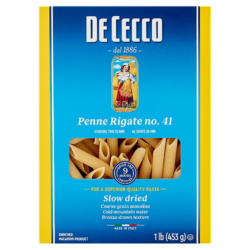 De Cecco Penne Rigate No. 41 Pasta, 1 lb
Enriched Macaroni Product

Non GMO - Non-Genetically Engineered Ingredients*
* Products made with non-genetically engineered ingredients as process verified by DNV GL