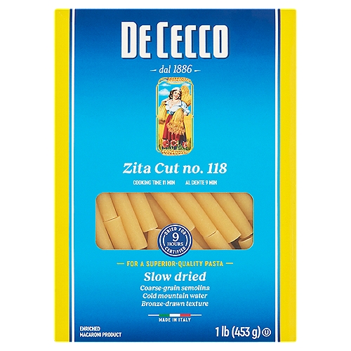 De Cecco Zita Cut No. 118 Pasta, 1 lb
Enriched Macaroni Product

Non GMO - Non-Genetically Engineered Ingredients*
*Products made with non-genetically engineered ingredients as process verified by DNV GL